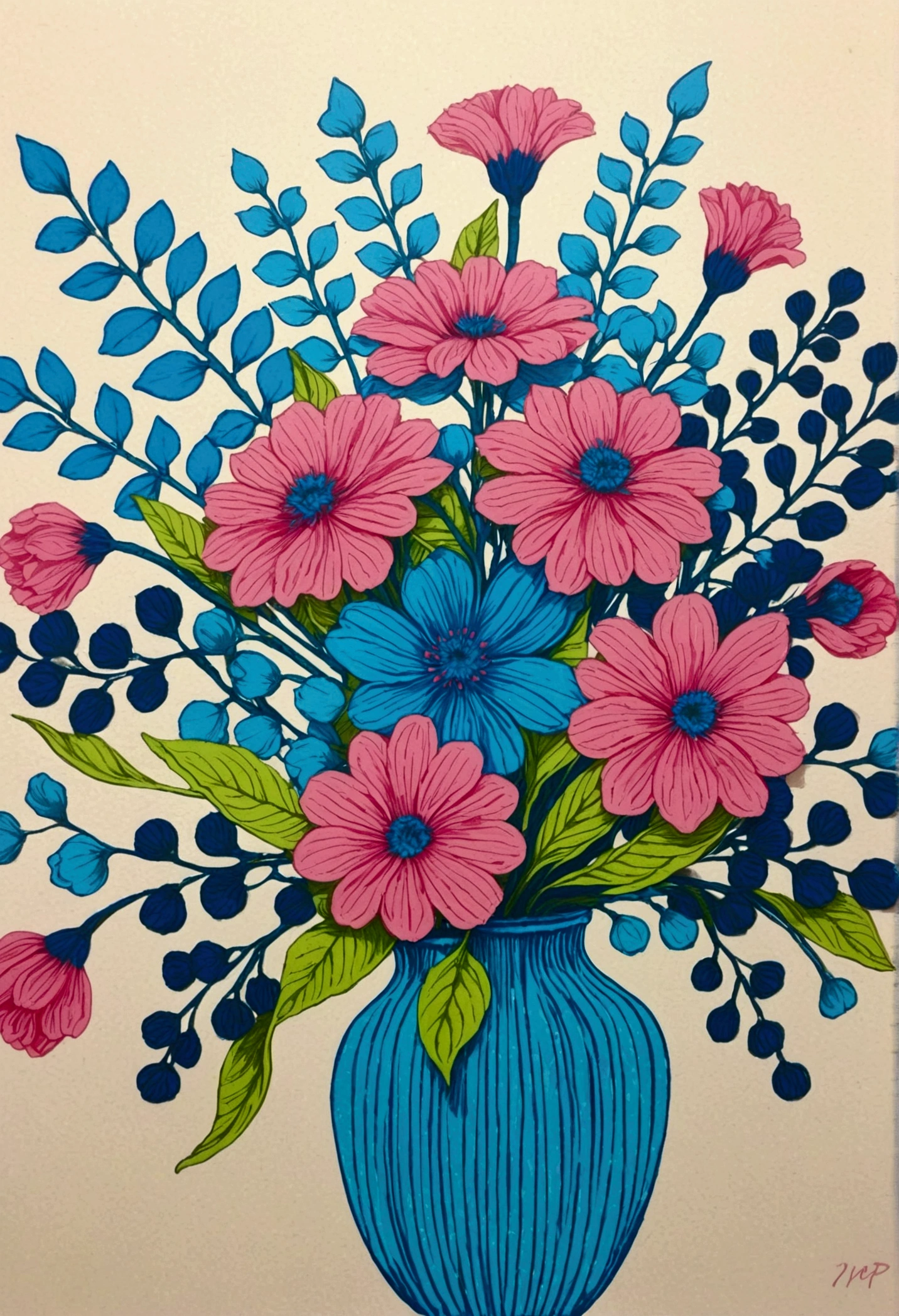 Drawing of a bouquet of flowers with blue stems and pink flowers,close up， Inspired by Yoshio Markino, ,  (((Floral Pop Art))), 