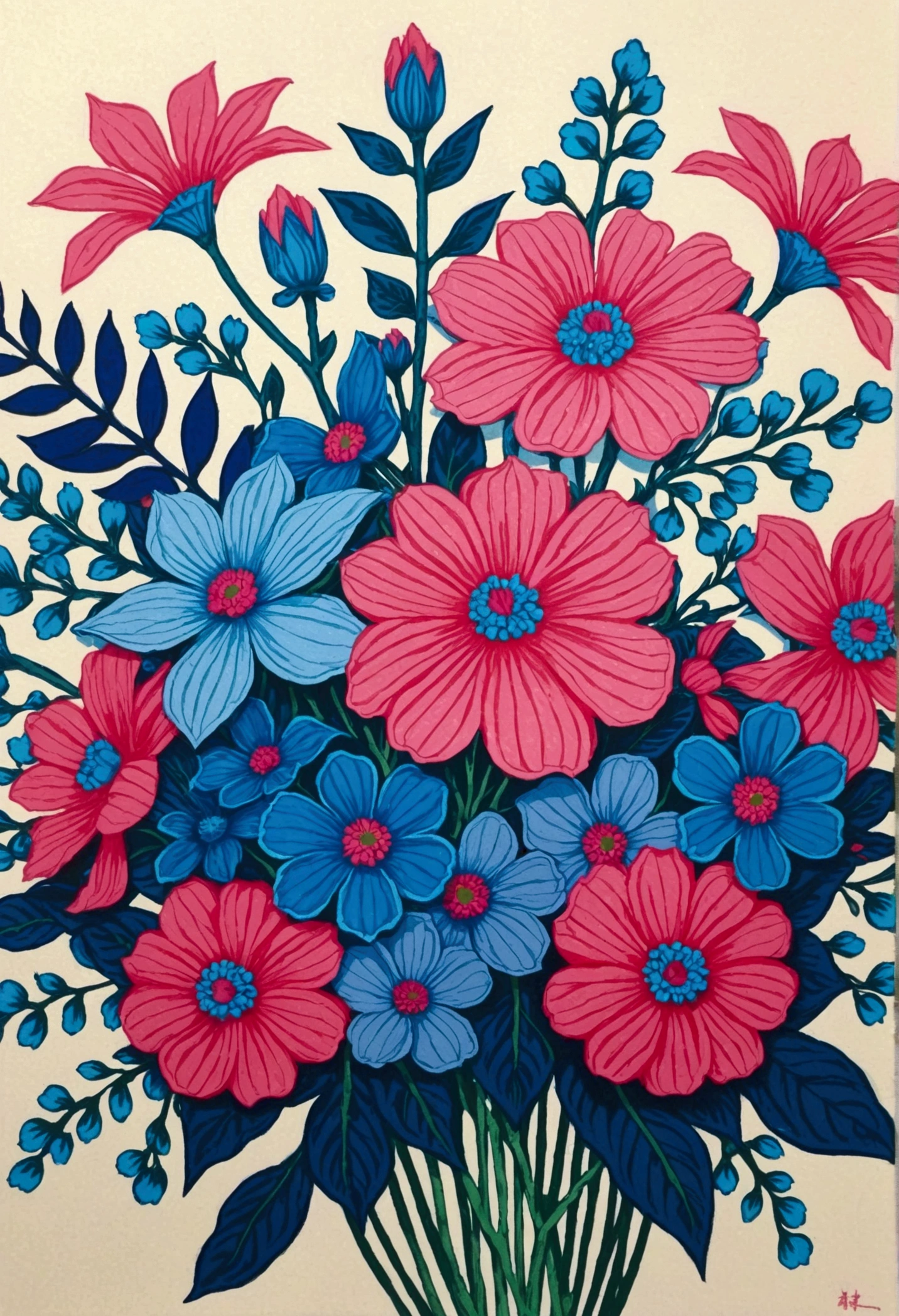 Drawing of a bouquet of flowers with blue stems and pink flowers,close up, Inspired by Yoshio Markino, , (((Floral Pop Art))),