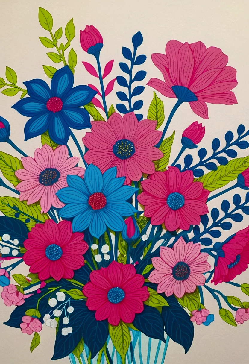 Drawing of a bouquet of flowers with blue stems and pink flowers,close up, Inspired by Yoshio Markino, , (((Floral Pop Art))),
