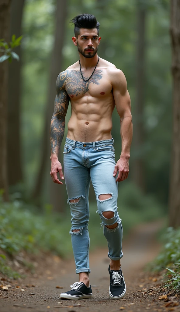 Fullbody standing picture of white skin Handsome  muscular horny nude sexy gay boy wearing light blue skinny ripped jean tights, shiny black Disconnected Pompadour oiled hair style, blue eyes, shiny black varnished vinyl vans, red lip, chain, tattoos, horny, cum shot, sperm, milking penis, big penis, very big testicle, shiny oiled skin, orgasm, oversexed, standing outdoor.