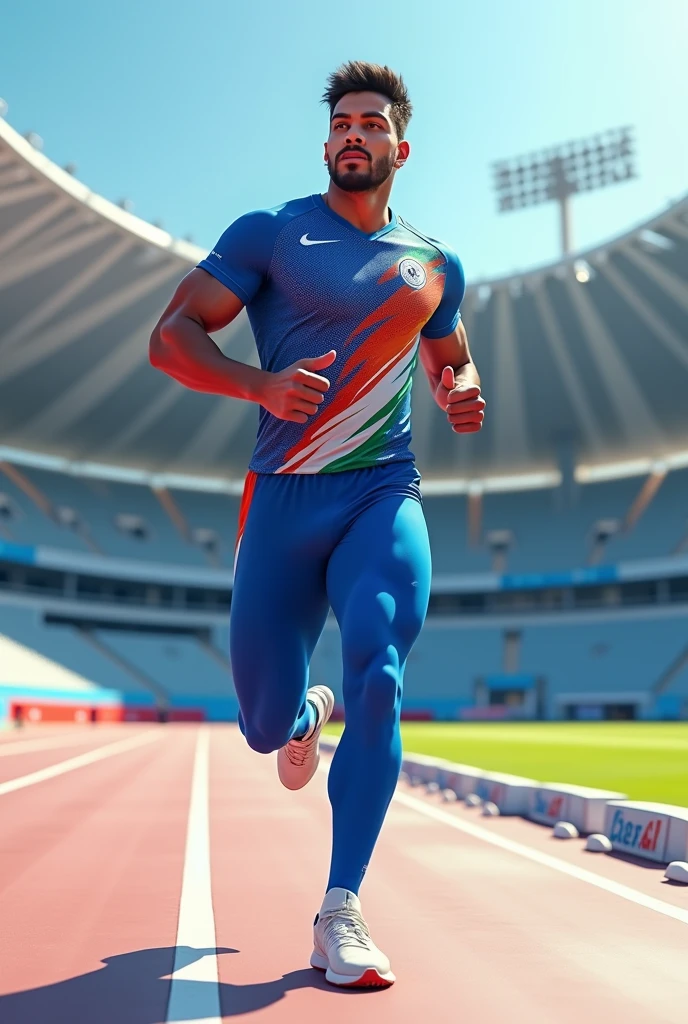 India in blue color design jersey on olympic track