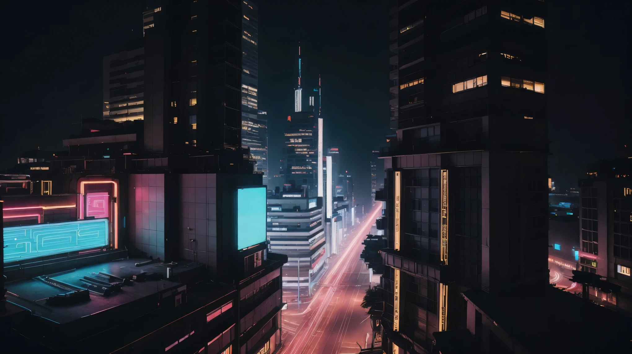 Girl working in room, Looking at the monitor screen, Wear headphones, night間照明, 雨の日のネオンlandscape, Retro Wave, cyber punk, Dreamy atmosphere, 窓から差し込むnightの光, Cityscape seen from the window, nightの雰囲気, One Bedroom, (Long Shot), Wide Shot, (Many records: 1.3), (masterpiece, Very high quality, Very high quality, beautifully、aesthetic: 1.2), (Very detailed), guitar, (Note: 1.4), (Lo-fi hop), 側面figure, alone, speaker, keyboard, pc, night, landscape, skyscraper, skyscraperの屋上, A cat is standing on a parapet looking down, night, Neon Light, figure, Cinema Lighting, close, From above, Blurred, Ultra-high resolution, Highest quality, 8k