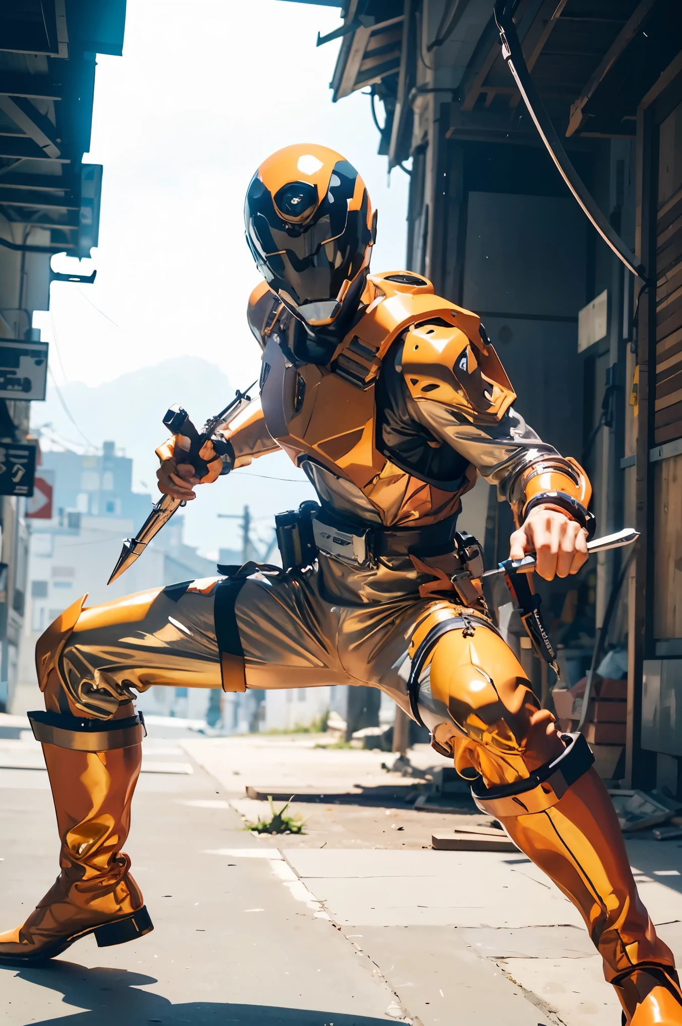 1 boy, white, full body, illustration, cinematic lighting, high resolution, best quality, ultra-detailed, masterpiece, power suit, power ranger, suit, spd, (golden ranger suit), gold details, dramatic pose, intense expression, heroic, dynamic lighting, volumetric fog, epic scale, dramatic shadows, highly detailed face, sharp focus, vibrant colors, photorealistic