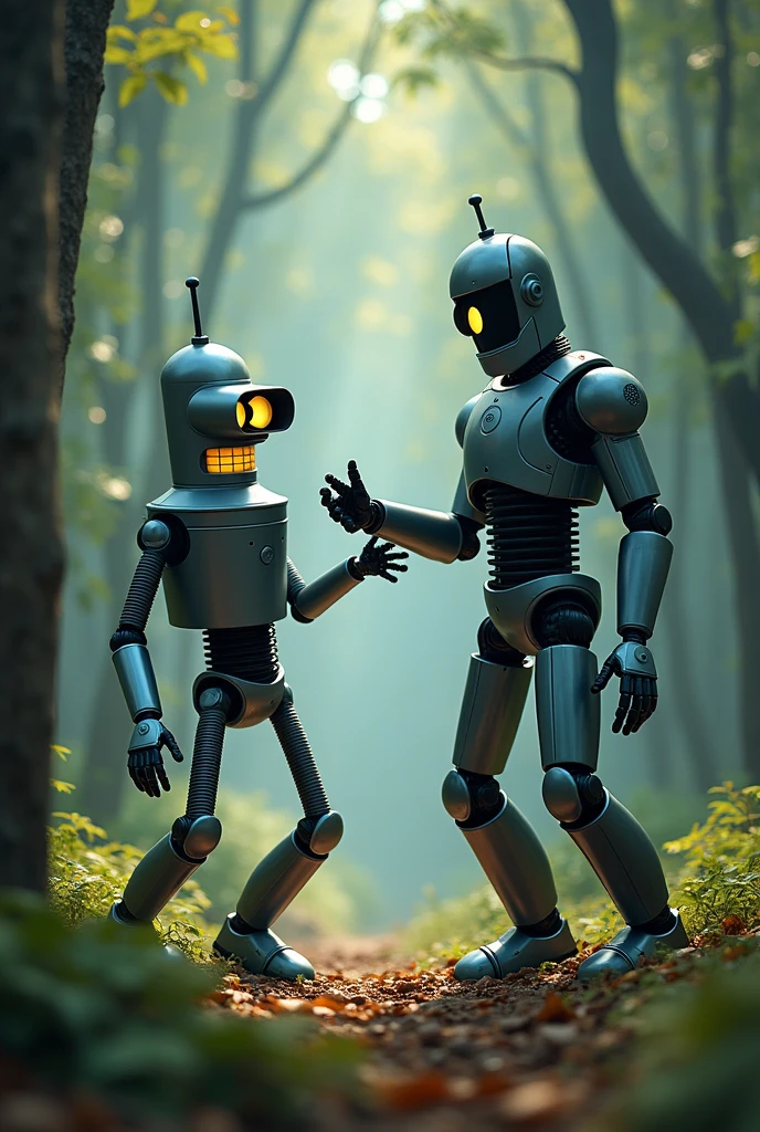 Bender from Futurama fighting Robocop in a forest

