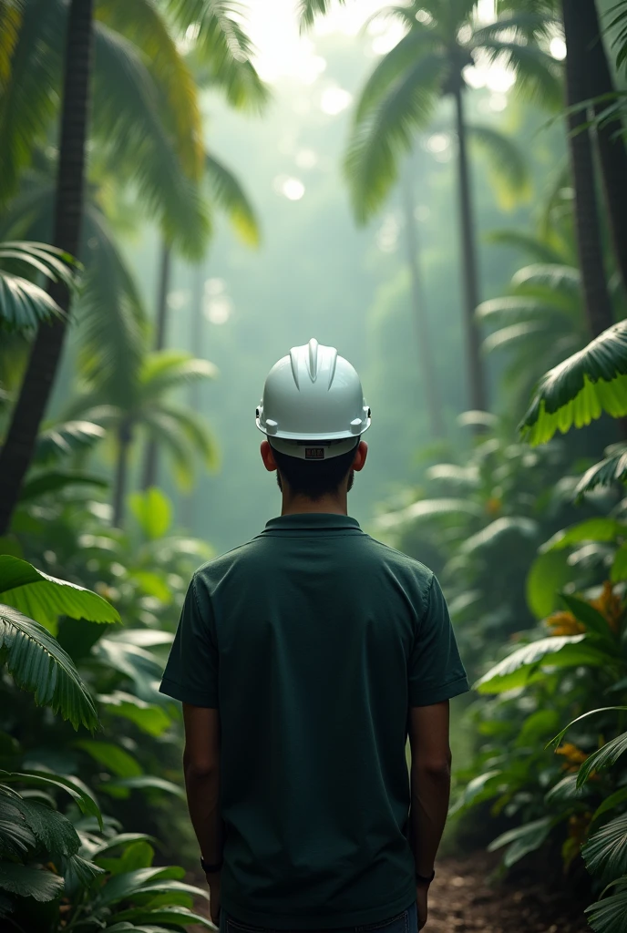 jungle background, put on white engineer helmet