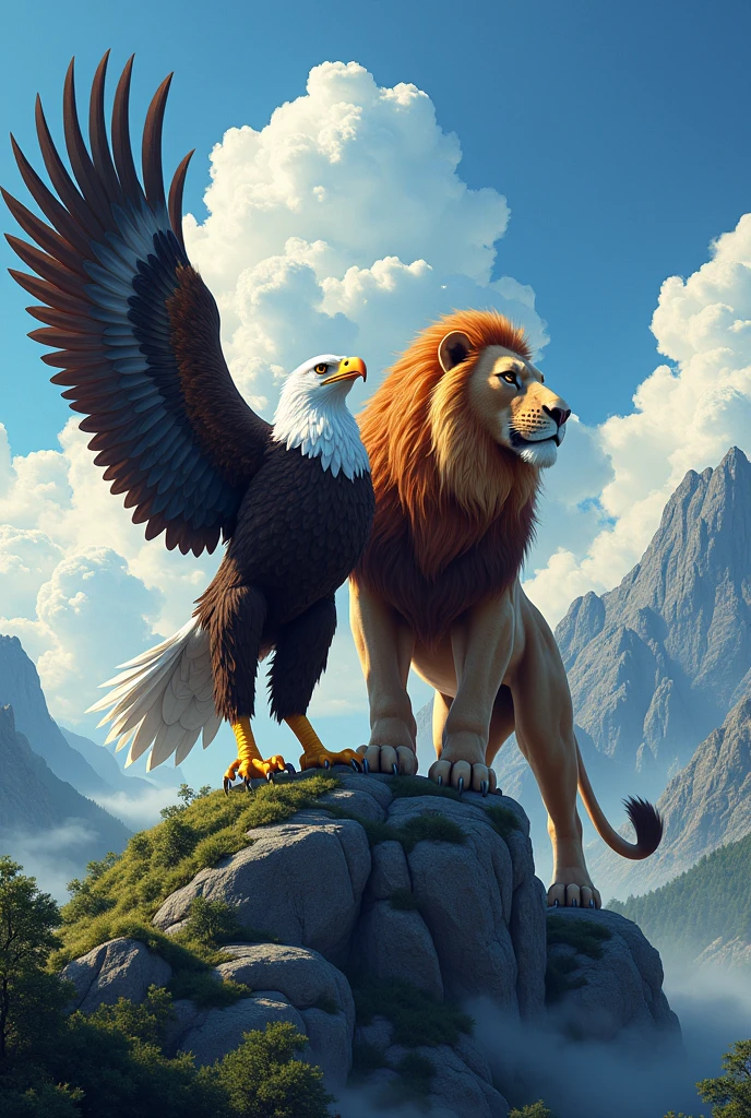 An eagle and a lion in alliance with a landscape in the background, anime themed image for a logo