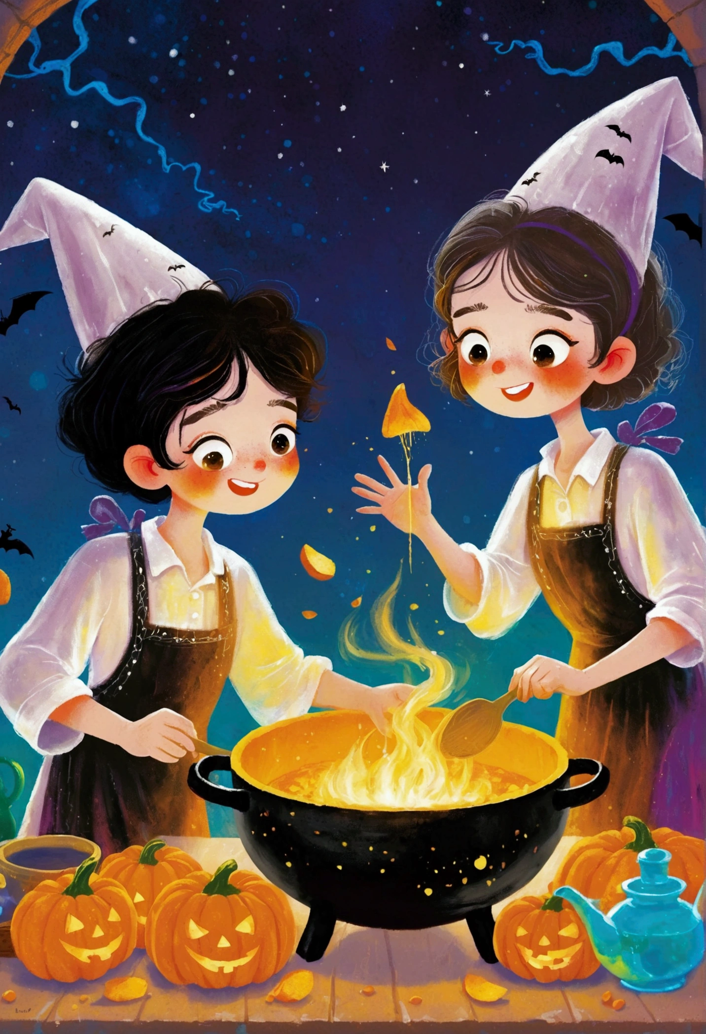 Illustration of boy and girl in halloween costumes cooking bread, Ryan Yee 的Storybook illustration, devianart contest winners, Process art, colorful Children's Book Illustrations, young wizard, Casting a Spell, Children's Book Illustrations, Cast a spell on a potion, Children's Book Illustrations, Full-color digital illustrations, Children's Book Illustrations, Children's Book Illustrations, Storybook illustration