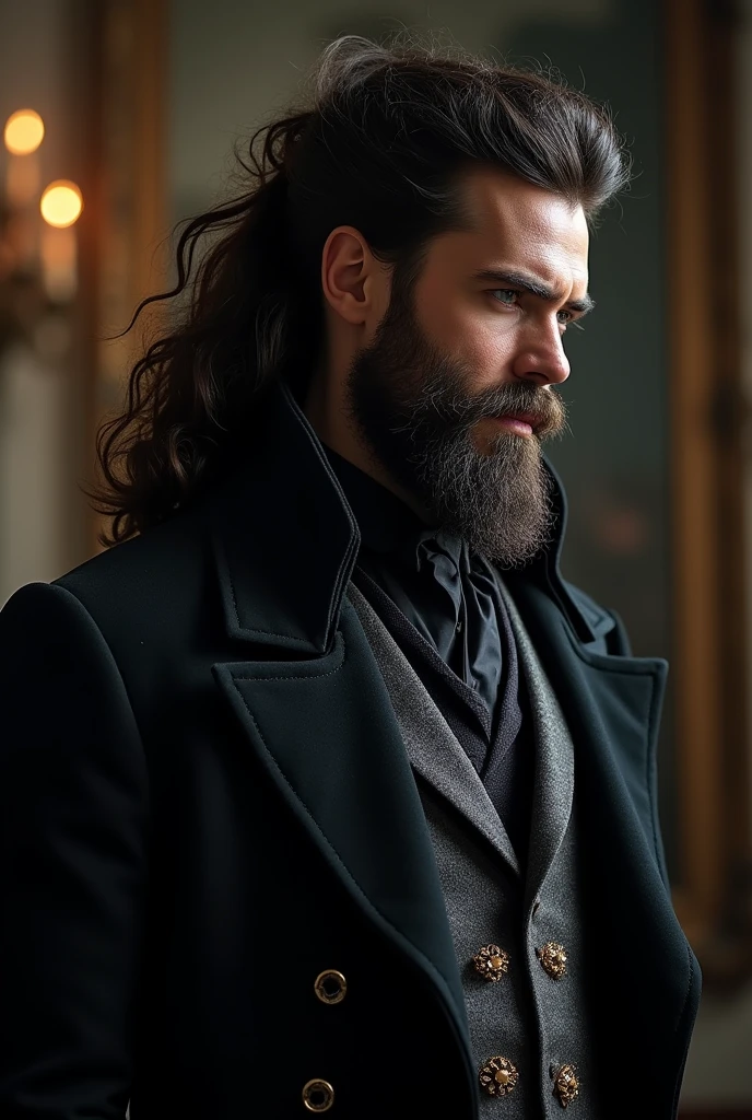 period romance inspired by beauty and the beast (19th century)

Tall man, stark, dark-skinned, big hair. barba, fanatsma da opera style mascara, period clothing, duke
