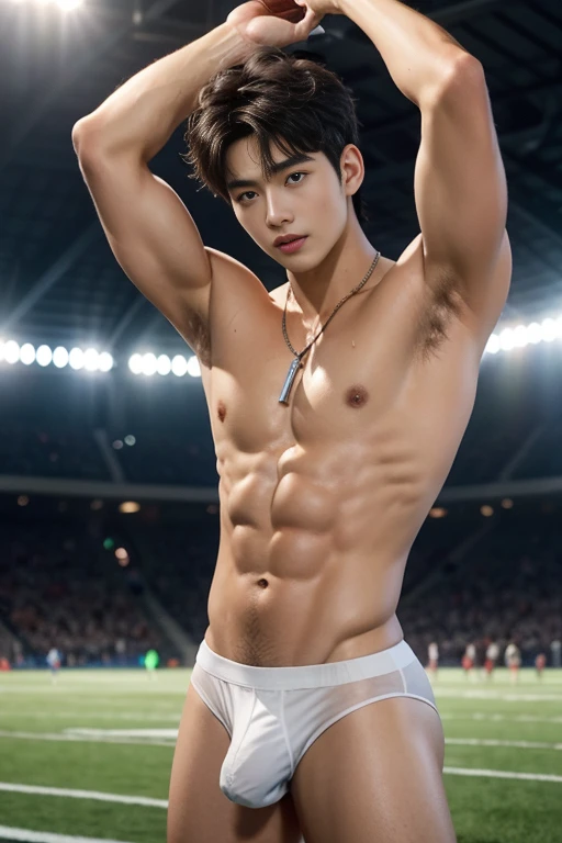 Crowd packed into the stands, Child in the middle of a football field with a crowd in the stands, Sweat dripping all over the body., Amazing landscape of the football field., sweat covering the entire body, football field in the background, foto de Whole body, wearing a necklace around the neck, Very thin blue thong, Proudly showing his sweaty and hairy armpits to the public, completely naked only wearing blue thong, wearing a necklace around the neck, 17 year old boy, very young child, Cinematic soft lighting illuminates an incredibly detailed and ultra-realistic Korean male supermodel., ultra messy curly hair, clear honey eyes, captivating perfect smile, sensual, hot man, incredibly handsome, showing off her sweaty body, very muscular body build, slender, toned, Whole body, 8k, Photography, masterpiece, detailed face, detailed eyes, sexy, beautiful abdomen and beautiful legs and a big hard penis detailed, expression of ecstasy, enthusiastic, delgado, detailed eyes and lips, sixpack and fit body. Image quality is of the highest level, with ultra-detailed features and a realistic appearance. The colors are bright and vibrant., Improve overall aesthetics. The lighting is soft and natural., casting a soft glow on the child, don't fuse the body