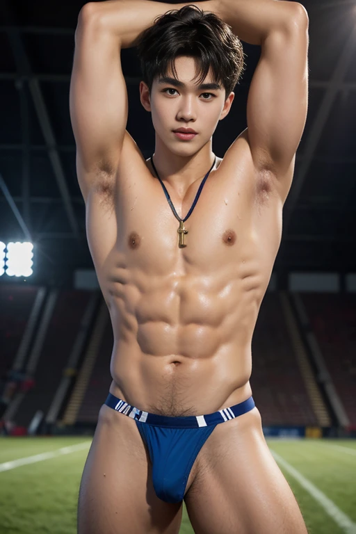 Crowd packed into the stands, Child in the middle of a football field with a crowd in the stands, Sweat dripping all over the body., Amazing landscape of the football field., sweat covering the entire body, football field in the background, foto de Whole body, wearing a necklace around the neck, Very thin blue thong, Proudly showing his sweaty and hairy armpits to the public, completely naked only wearing blue thong, wearing a necklace around the neck,  boy, very young  soft lighting illuminates an incredibly detailed and ultra-realistic Korean male supermodel., ultra messy curly hair, clear honey eyes, captivating perfect smile, sensual, hot man, incredibly handsome, showing off her sweaty body, very muscular body build, slender, toned, Whole body, 8k, Photography, masterpiece, detailed face, detailed eyes, sexy, beautiful abdomen and beautiful legs and a big hard penis detailed, expression of ecstasy, enthusiastic, delgado, detailed eyes and lips, sixpack and fit body. Image quality is of the highest level, with ultra-detailed features and a realistic appearance. The colors are bright and vibrant., Improve overall aesthetics. The lighting is soft and natural., casting a soft glow on the child, don&#39;t fuse the body