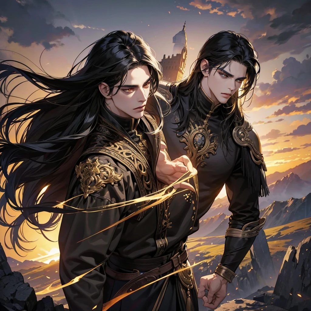 a male with long black hair, golden eyes, fantasy style, detailed face, intricate hair, dramatic lighting, fantasy landscape, cinematic angle, dramatic pose, fantasy elements, detailed clothing, photorealistic, highly detailed, 8k, best quality, masterpiece