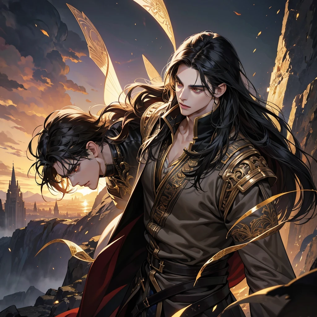 a male with long black hair, golden eyes, fantasy style, detailed face, intricate hair, dramatic lighting, fantasy landscape, cinematic angle, dramatic pose, fantasy elements, detailed clothing, photorealistic, highly detailed, 8k, best quality, masterpiece