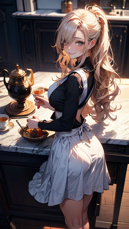 (Masterpiece, best quality), (ultra high resolution, 8K RAW photo, photo realistics:1.5, textile shading, thin outline), Beautuful Matured woman preparing tea-time, (tea set, tea pot, tea cups), wearing traditional sick maid uniform, maid costume:1.2, long flare skirts, apron, Tall and long legs, long white hair, wearing rimless grasses, (milf:1.5, 28 years old, solo), (large breast, sagging breast, big , narrow waist), (long white hair, hair over one eye, updo hair, side locks hair, asymmetric hair, wavy hair), (bright pupils, detailed eyes, high detailed face, Perfect face shape, eye rush), (seductitve smiling, half-closing eyes), (looking at viewers:1.3), (dynamic angle, tighs focus, from side above:1.2), ((correct anatomy:1.5, correct hands)), (ideal ratio of body proportions),