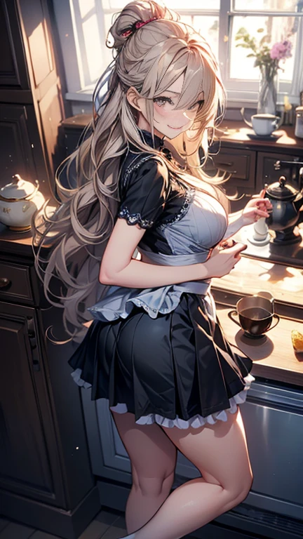 (Masterpiece, best quality), (ultra high resolution, 8K RAW photo, photo realistics:1.5, textile shading, thin outline), Beautuful Matured woman preparing tea-time, (tea set, tea pot, tea cups), wearing traditional sick maid uniform, maid costume:1.2, long flare skirts, apron, Tall and long legs, long white hair, wearing rimless grasses, (milf:1.5, 28 years old, solo), (large breast, sagging breast, big , narrow waist), (long white hair, hair over one eye, updo hair, side locks hair, asymmetric hair, wavy hair), (bright pupils, detailed eyes, high detailed face, Perfect face shape, eye rush), (seductitve smiling, half-closing eyes), (looking at viewers:1.3), (dynamic angle, tighs focus, from side above:1.2), ((correct anatomy:1.5, correct hands)), (ideal ratio of body proportions),