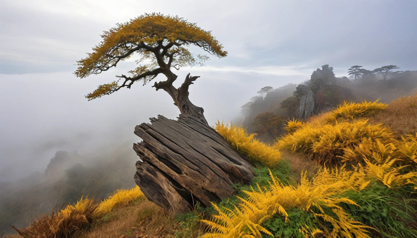 ((masterpiece, Fantasy,300kmの黄金の巨木がcliff下から生えている, An ancient tree trunk stretches up to the sky, Golden Leaf, Cloudy sky on background, hillの上から巨木を見上げるアングル)),cliff,hill, grassland, fog, A quarter of the screen is a tree trunk