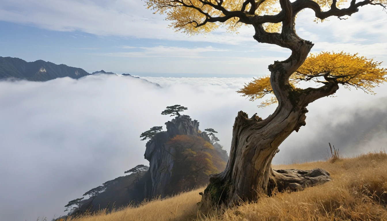 ((masterpiece, Fantasy,300kmの黄金の巨木がcliff下から生えている, An ancient tree trunk stretches up to the sky, Golden Leaf, Cloudy sky on background, hillの上から巨木を見上げるアングル)),cliff,hill, grassland, fog, A quarter of the screen is a tree trunk