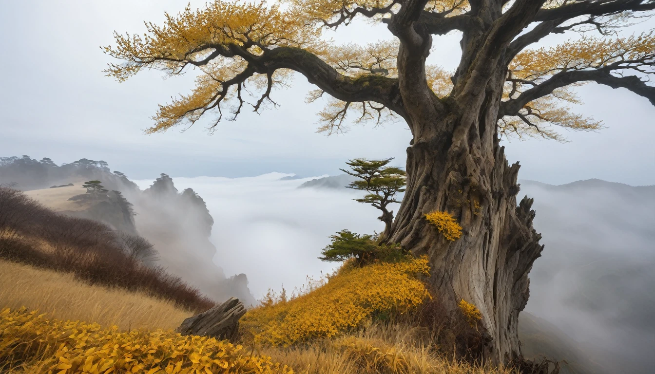 ((masterpiece, Fantasy,300kmの黄金の巨木がcliff下から生えている, An ancient tree trunk stretches up to the sky, Golden Leaf, Cloudy sky on background, hillの上から巨木を見上げるアングル)),cliff,hill, grassland, fog, A quarter of the screen is a tree trunk