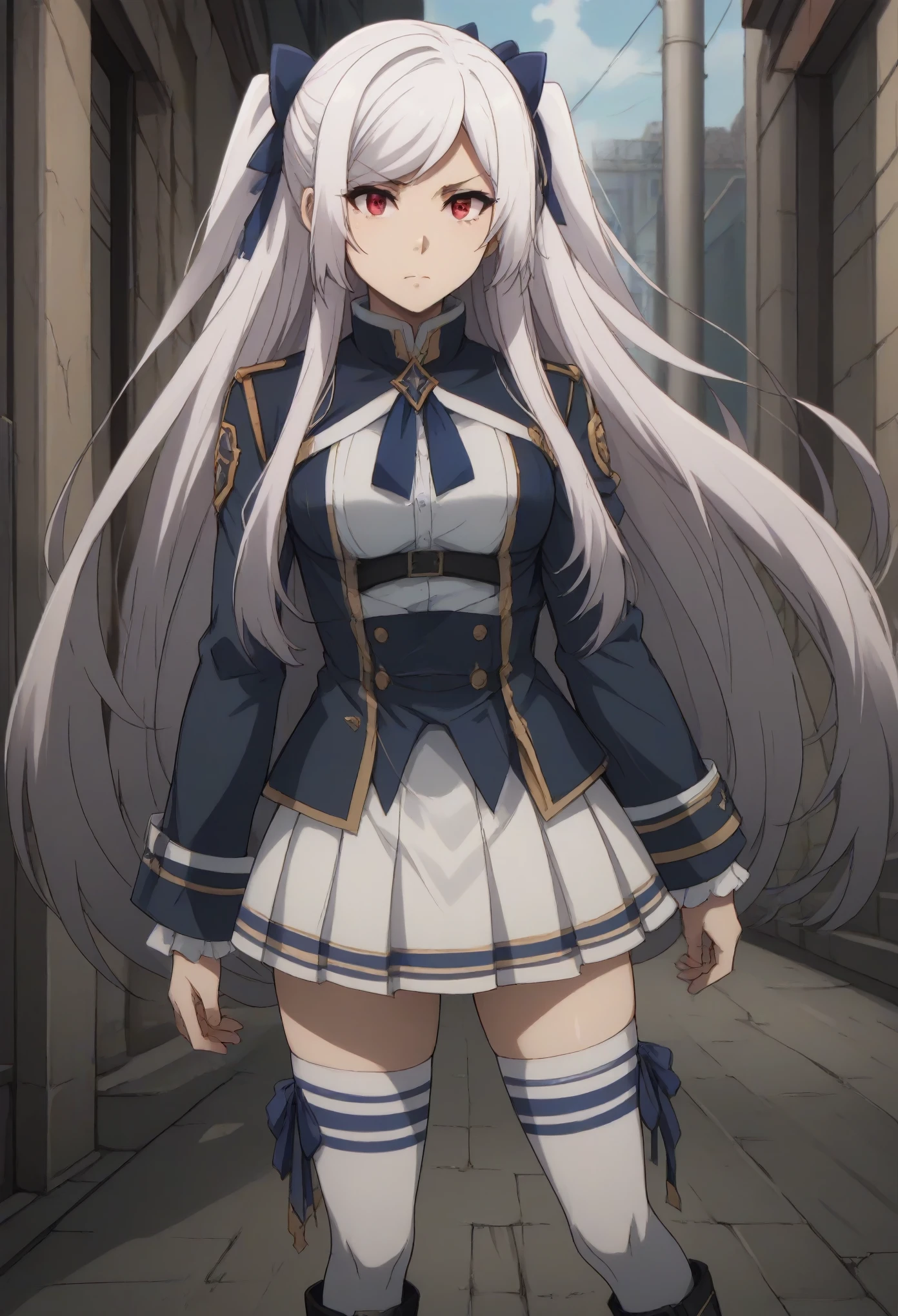 alexia midgar, long hair, very long hair, hair ribbon, white hair, red eyes, sidelocks, ribbon,
skirt, thighhighs, long sleeves,pleated skirt, boots, miniskirt, black footwear, white thighhighs, zettai ryouiki, white skirt,