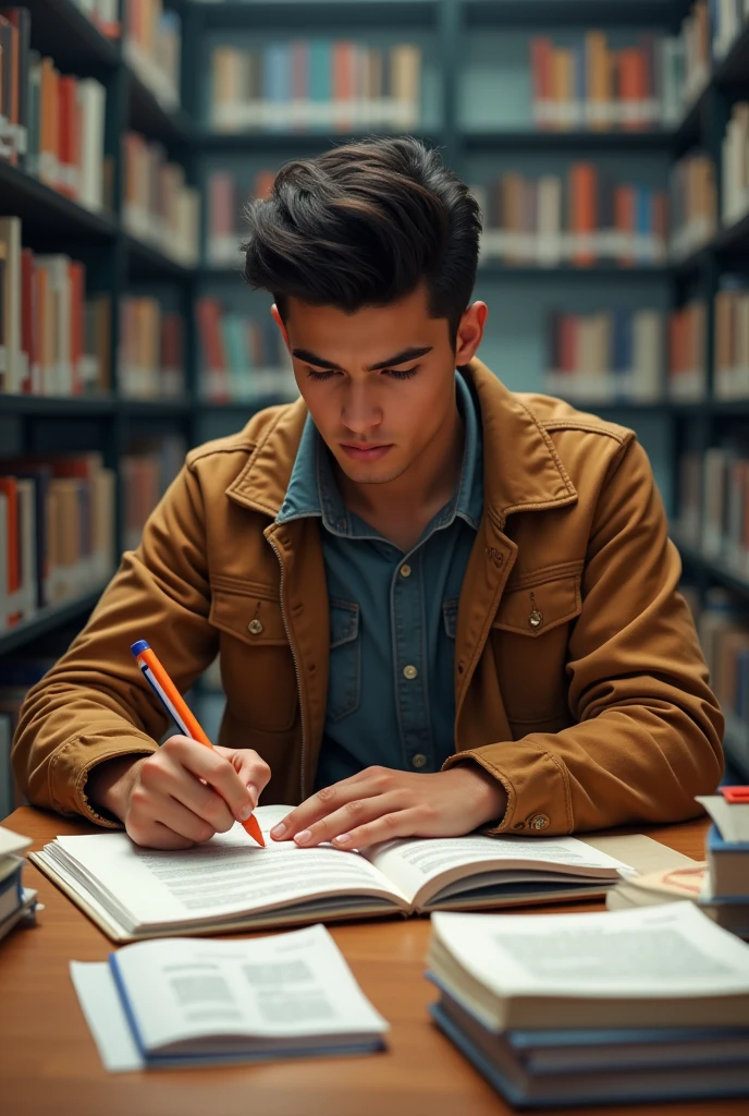 The a little bit muscullar student is studying English and preparing for the IELTS test in the public library.
