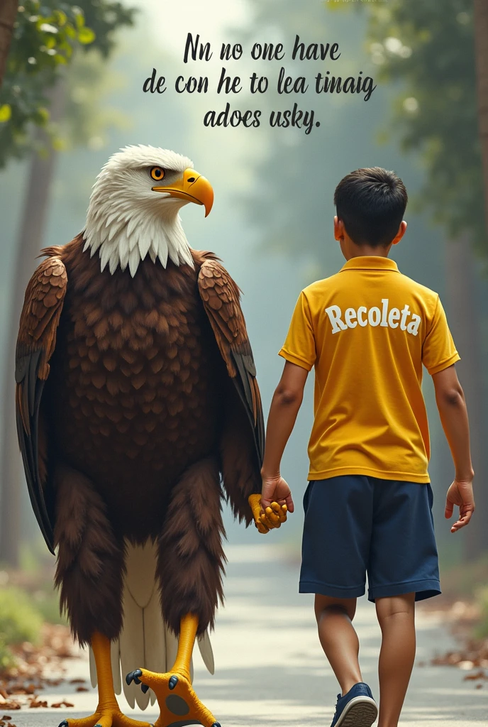 Banner that says "You will never walk alone" and next to it an image of a humanoid eagle walking hand in hand with a high school student wearing a yellow polo shirt that says Recoleta in white letters with navy blue shorts