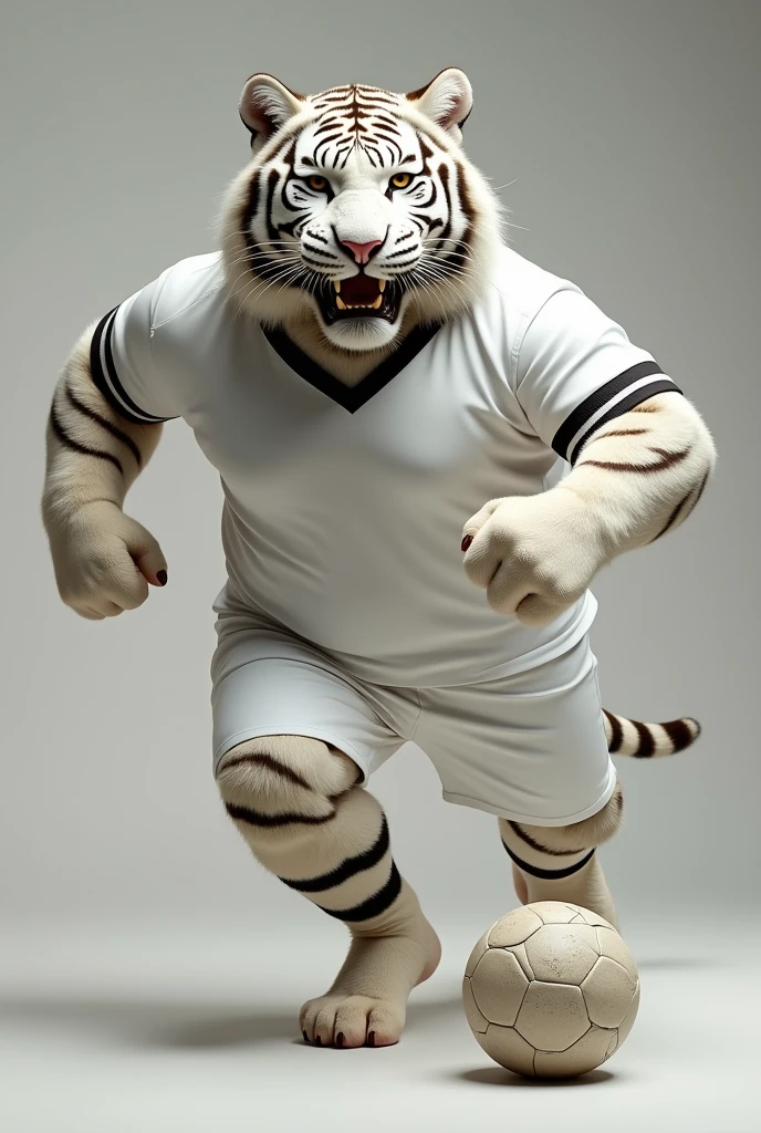 Photorealistic portrait of dressed animals: a fat football player and a white tiger,( dynamic action pose, playing with the ball), high quality,(charming) ,intricate details, Very detailed ((white soccer uniform)) ,Very detailed, (happy), studio lighting,(full body image:1.5)