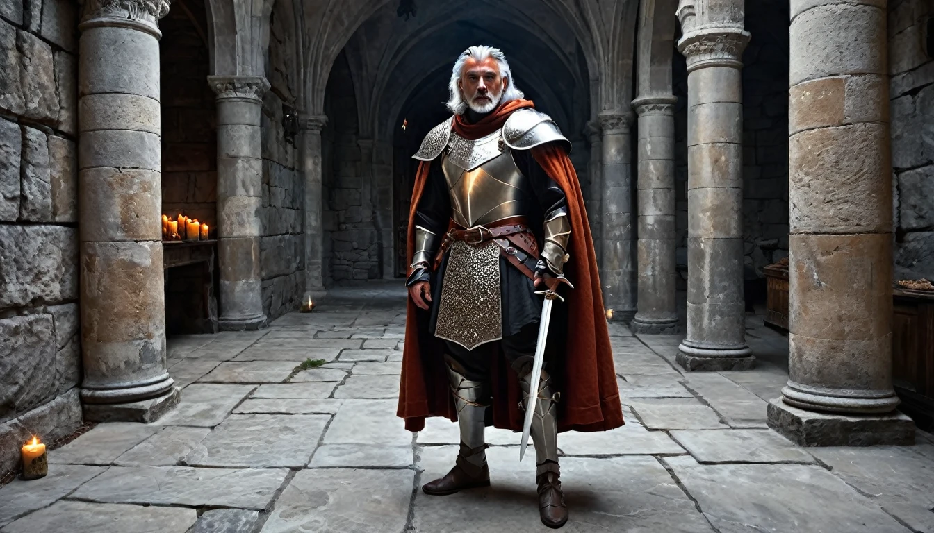 ((masterpiece, The silver armor is intricately decorated and not intended for combat.,Gorgeous filigree armor, Detailed fantasy armor,Has dark orange fur under the shoulder pads)), Inside a stone building, Stone slabs scattered on the floor, A muscular man in armor walking towards the front, dim, Gray Hair, Candles along the walls light up the room., He holds a large, twisted, dark red rapier in his hand., Wearing a dirty cloak, He wears a dirty dark red loincloth under his armor.,There are three small orange gems on the chest., One large white decorated shoulder pad