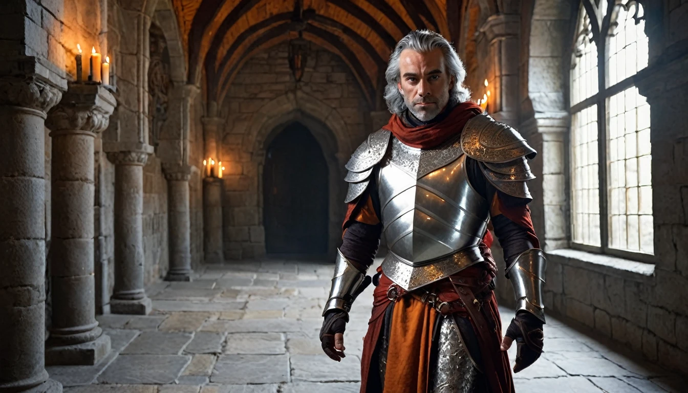 ((masterpiece, The silver armor is intricately decorated and not intended for combat.,Gorgeous filigree armor, Detailed fantasy armor,Has dark orange fur under the shoulder pads)), Inside a stone building, Stone slabs scattered on the floor, A muscular man in armor walking towards the front, dim, Gray Hair, Candles along the walls light up the room., He holds a large, twisted, dark red rapier in his hand., Wearing a dirty cloak, He wears a dirty dark red loincloth under his armor.,There are three small orange gems on the chest., One large white decorated shoulder pad