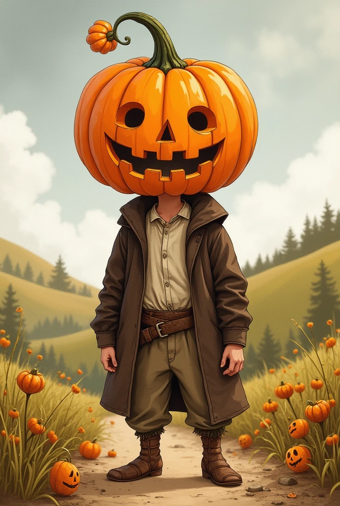 a drawing of an 8 boy who wears simple peasant clothes and a dark brown overcoat, he wears a carved pumpkin on his head as if it were a helmet