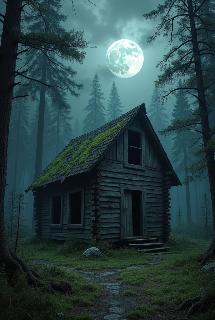 An old, worn-out wooden cabin set in the middle of a dark, dense forest. The cabin appears to be in ruins, with broken windows, a door slightly ajar, and moss covering the roof and walls. The darkness of the surrounding forest is almost palpable, with tall, gnarled trees that seem to watch over the cabin. An atmosphere of mystery and menace surrounds the scene, with a cloudy sky and a partially covered moon.