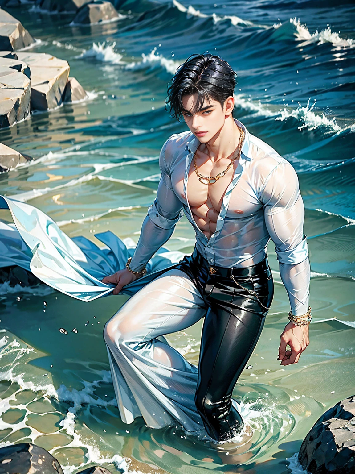 A handsome 20 years old man, little merman, merman prince, blue tail, short hair, came from the ocean kingdom, very handsome, big eyes, masculine look, muscular, model , washed ashore, found lying on the seashore unconcious, sexy and toned body, full body, Wearing pearl necklace