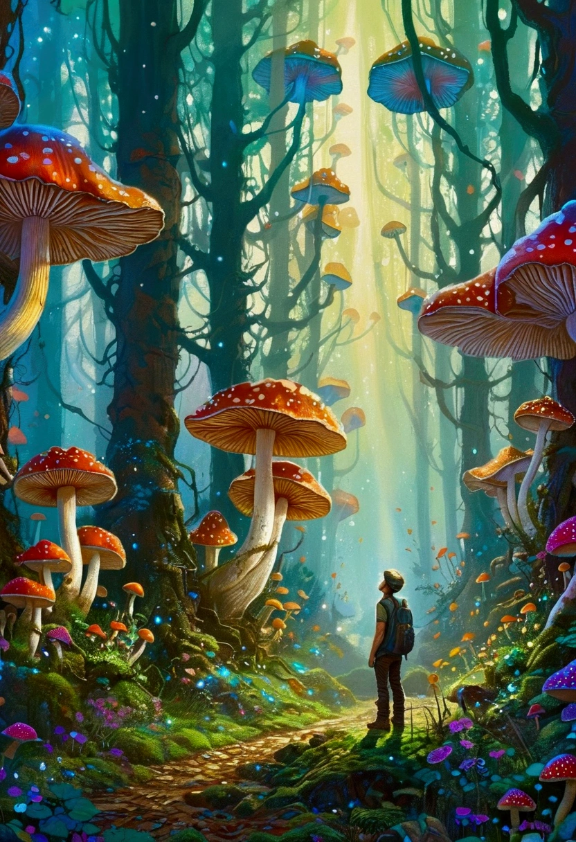 A painting,The painting shows a forest full of mushrooms,A man stands in the middle, Poster art by Toth Wu, tumblr, Psychedelic Art, Mushroom Galaxy, Mushroom forest, mushroom trees, James R. European Aviation Agency, Whimsical fantasy landscape art, Bizarre forest, Psychedelic Forest, Enchanted Forest, Enchanted Forest, Fantasy psychedelic anime, Magic mushrooms, Magic mushrooms梦, Magic Fairytale Forest