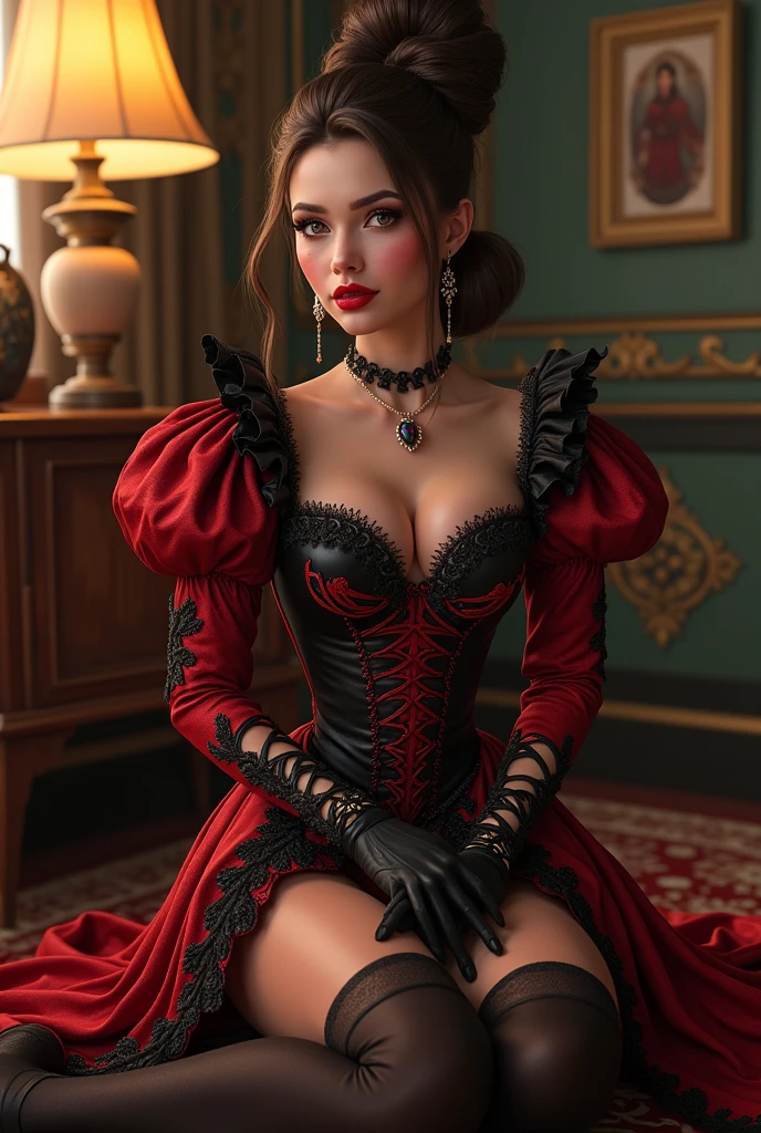 A daughter of Cinderella&#39;s stepmother with a costume like the first movie "decendents" from Disney, sitting on the floor, decently dressed 