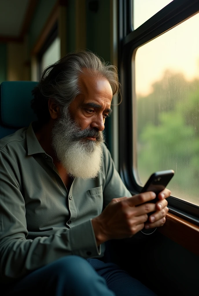 an Indian man with beard sitting in a train, side view, greenery, light coming through beard, aged, light coming from the window, man looking at mobile phone, evening time, (best quality, 4k, 8k, highres, masterpiece:1.2), ultra-detailed, realistic, photorealistic, photo-realistic:1.37, HDR, UHD, studio lighting, extremely detailed, professional, vivid colors, natural lighting, warm color tones, black hairs,