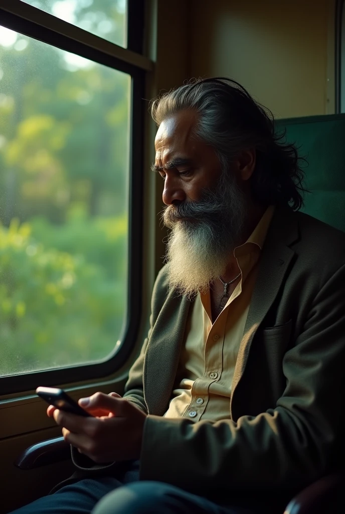 an Indian man with beard sitting in a train, side view, greenery, light coming through beard, aged, light coming from the window, man looking at mobile phone, evening time, (best quality, 4k, 8k, highres, masterpiece:1.2), ultra-detailed, realistic, photorealistic, photo-realistic:1.37, HDR, UHD, studio lighting, extremely detailed, professional, vivid colors, natural lighting, warm color tones, black hairs,
