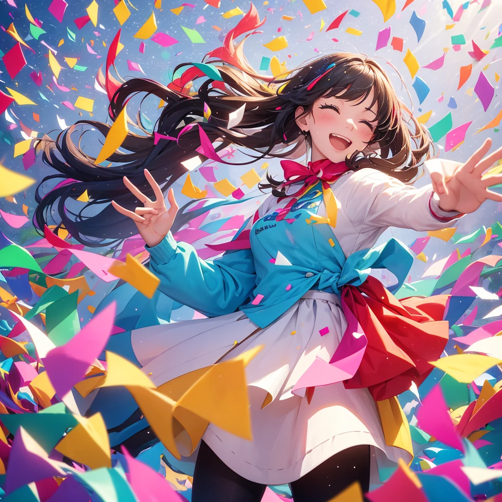 A person joyfully throwing handfuls of colorful confetti into the air, with the words "Spread Kindness Like Confetti" written in a playful, hand-lettered style. The confetti should be raining down around the person, creating a sense of celebration and positivity.