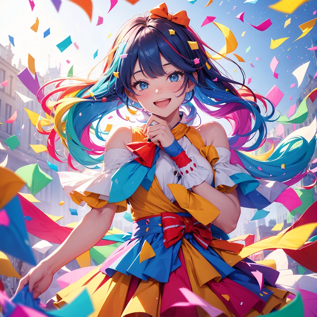 A person joyfully throwing handfuls of colorful confetti into the air, with the words "Spread Kindness Like Confetti" written in a playful, hand-lettered style. The confetti should be raining down around the person, creating a sense of celebration and positivity.