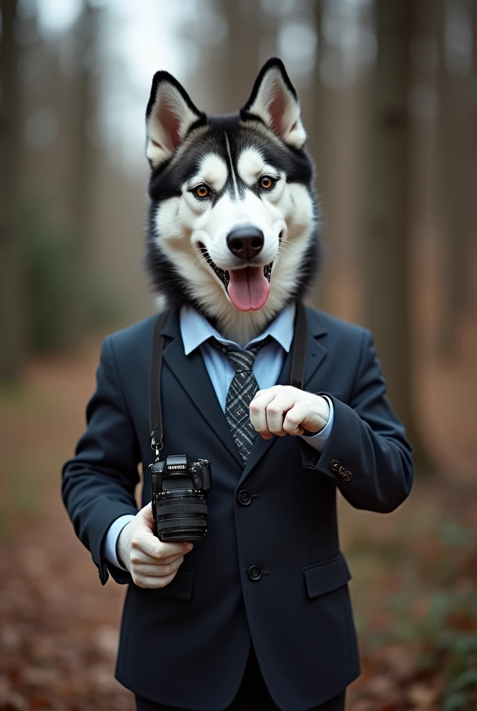 Husky,dog,cute,Personification,Photographer image,full-body shot,Suit tie,Hold the camera(Rich details),(Film Style)