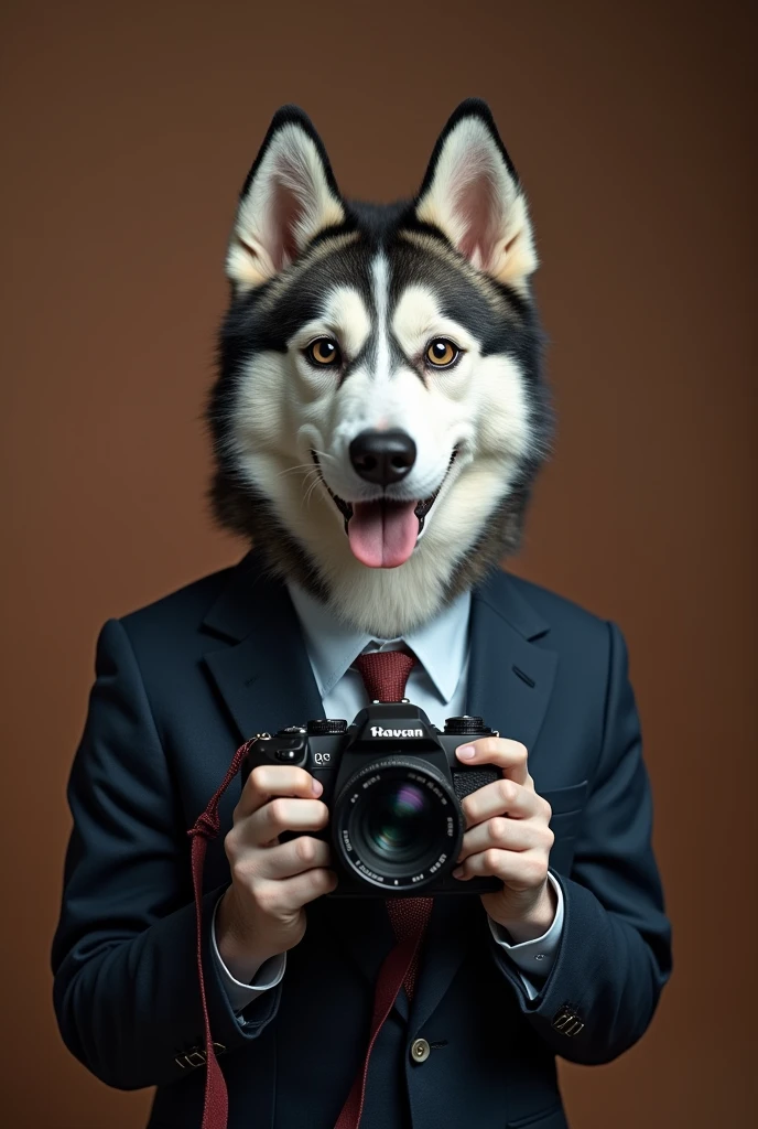 Husky，dog，cute，Personification，Photographer image，full-body shot，Suit tie，Hold the camera（Rich details），（Film Style）