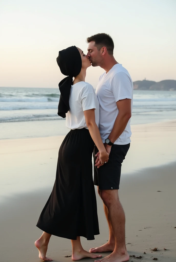 black skirt, black headscarf, white t-shirt, Barefoot woman kissing man on the beach