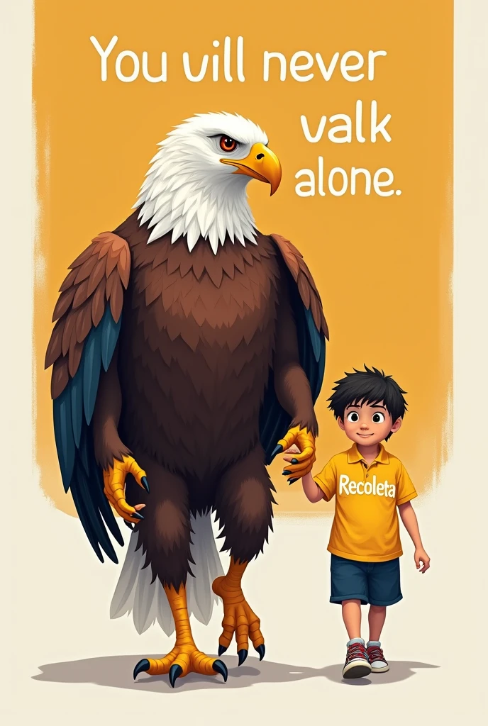 Banner that says "You will never walk alone" and next to it an image of a humanoid eagle walking hand in hand with a school student wearing a yellow polo shirt that says Recoleta in white letters with navy blue shorts
