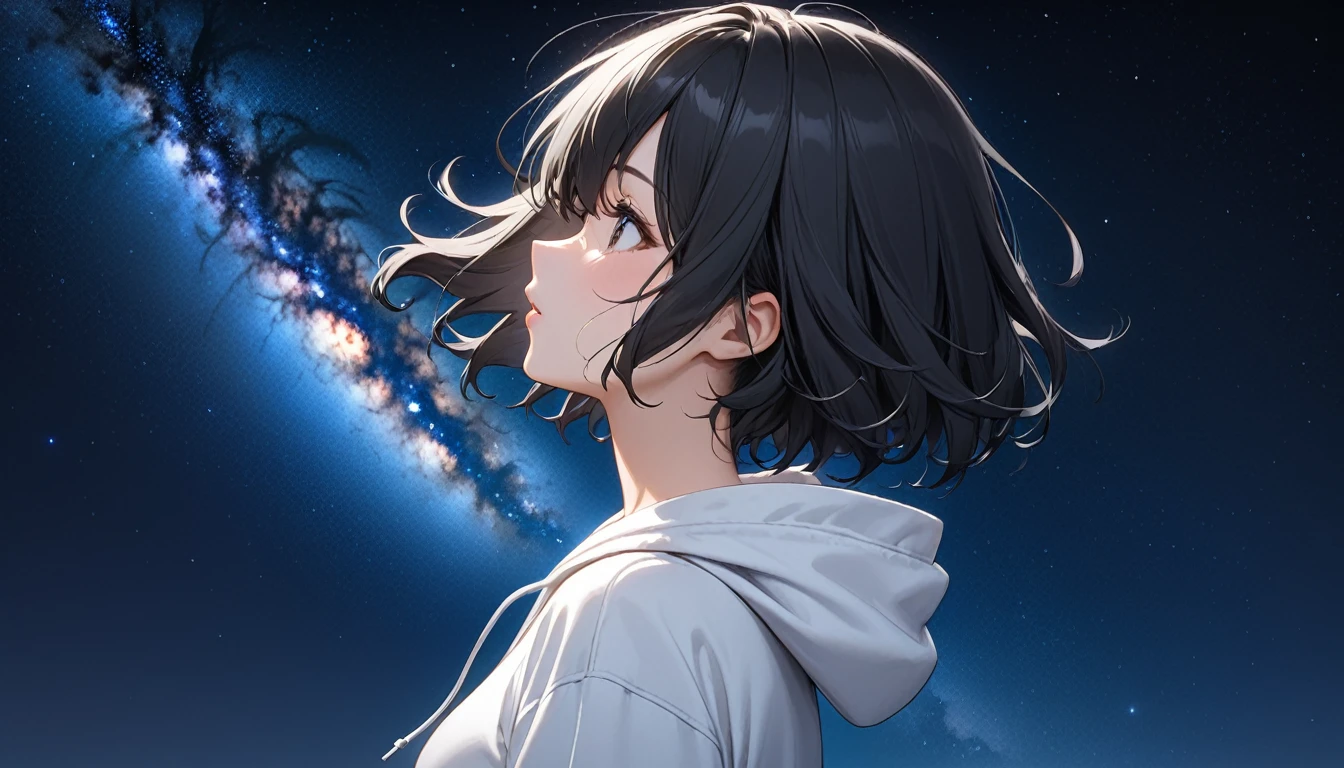 Starry Sky、milky way、One woman、Black Hair、Short Hair、Hair blowing in the wind、profile、Blank look、Wearing a hoodie、Back view、Full body portrait