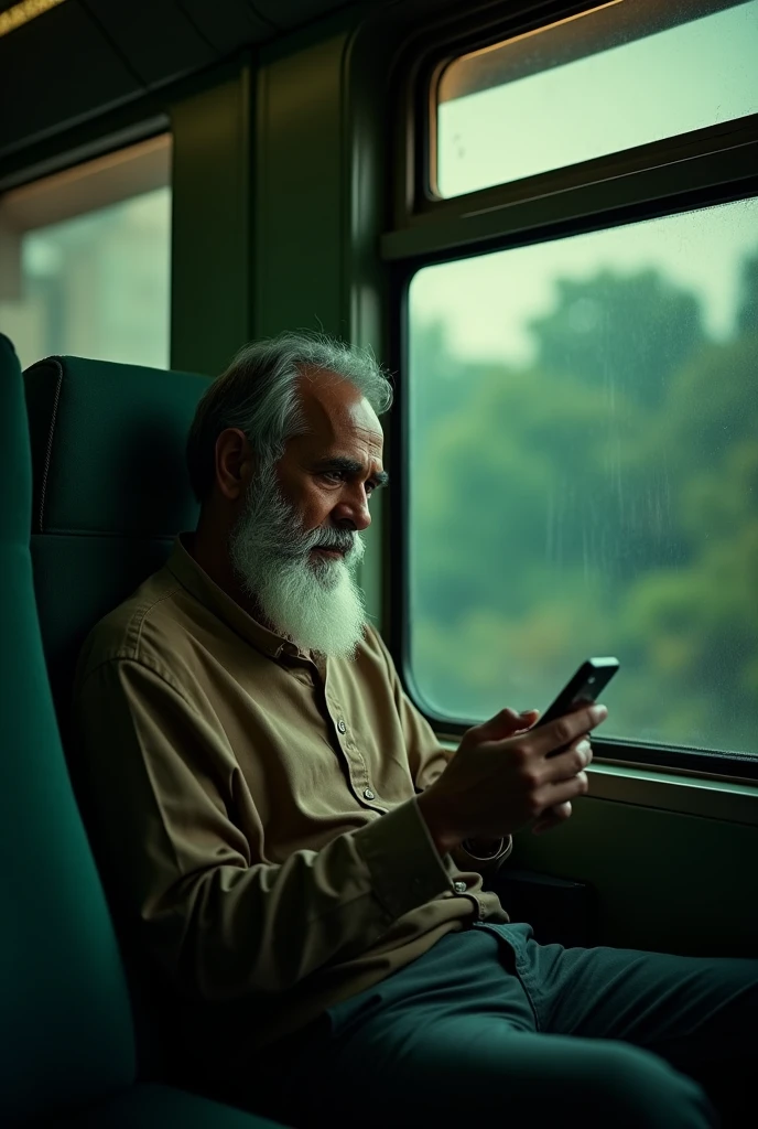 an Indian man with beard sitting in a train, side view, greenery, green theme, dark lighting light coming through beard, aged, light coming from the window, man looking at mobile phone, evening time, (best quality, 4k, 8k, highres, masterpiece:1.2), ultra-detailed, realistic, photorealistic, photo-realistic:1.37, HDR, UHD, studio lighting, extremely detailed, professional, vivid colors, natural lighting, warm color tones
