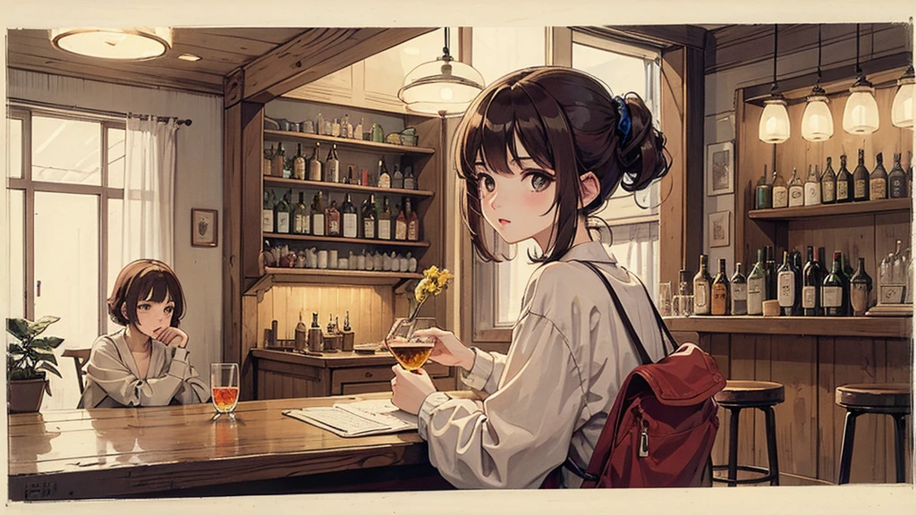 Illustrations drawn in a modern, anime style。It depicts a young woman with short dark red hair.。The scene is、A relaxed bar。The women exude a cool yet somewhat nostalgic vibe.。She had a relaxed look on her face.、Sitting in a chair holding a glass。The background is painted in soft, calm colors.、It further emphasizes the chill and contemplative atmosphere.。