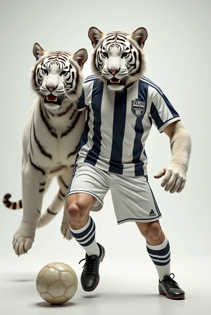 Photorealistic portrait of dressed animals: a football player and a white tiger,( dynamic action pose, playing with the ball), high quality,(charming) ,intricate details, Very detailed ((white soccer uniform)) ,Very detailed, (happy), studio lighting,(full body image:1.5)