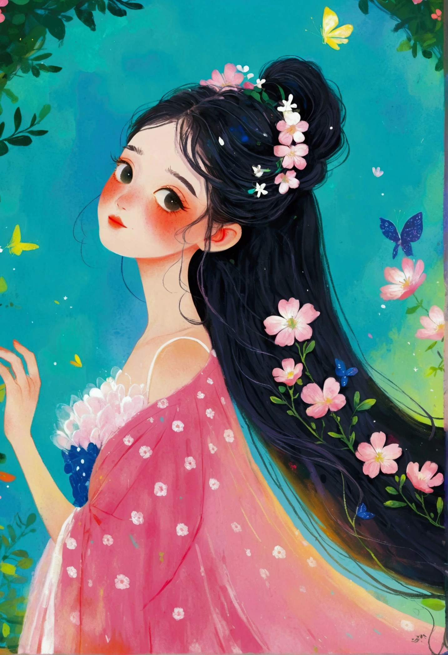 One painting shows a woman with long black hair wearing a pink dress, A beautiful artistic illustration, Beautiful digital illustrations, Popular trends on artstration, Lovely and detailed digital art, Beautiful digital illustrations, Lovely art style, Color illustrations, 采用数码Illustration style, Digital Anime Illustration, 2D digital illustration, digital 2d illustration, Nice illustration, Illustration style, Fantasy illustrations