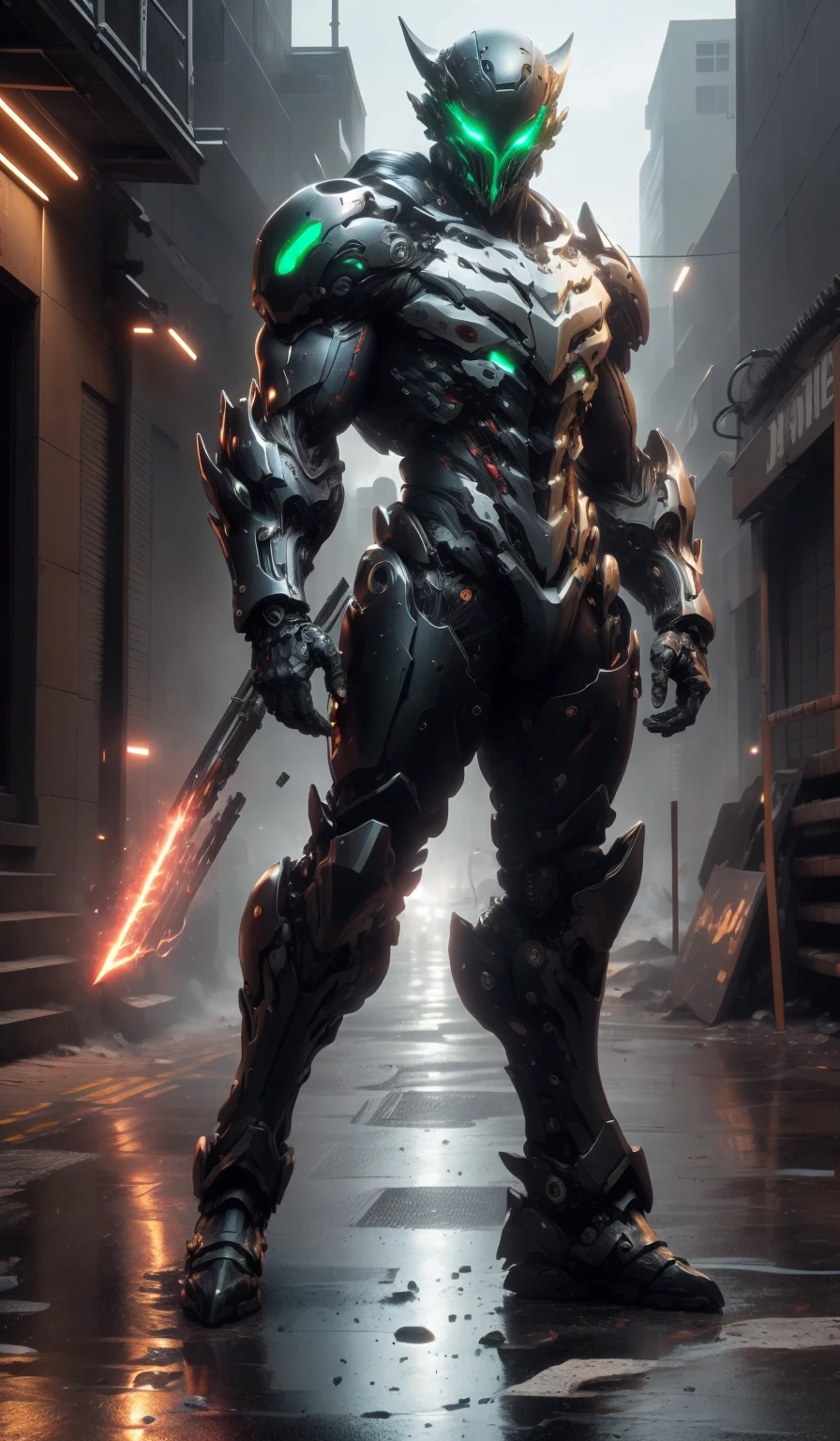 Portrait of a wolf boy wearing a full-face helmet, a fantasy-style biotech armored combat suit, green eyes, (a composite layered chest armor), fully enclosed shoulder guards, matching arm and leg guards, the belt is adorned with fangs biting into orbs, (the color scheme is primarily black with red accents), the design balances heavy with agility, a high-tech bio-mecha armor, (Bat concept Armor, stand on the top of a skyscraper in a futuristic sci-fi city), this character embodies a finely crafted fantasy-surreal style armored hero in anime style, exquisite and mature manga art style, (element, plasma, energy, the armor glows), ((male:1.5)), metallic, real texture material, dramatic, high definition, best quality, highres, ultra-detailed, ultra-fine painting, extremely delicate, professional, perfect body proportions, golden ratio, anatomically correct, symmetrical face, extremely detailed eyes and face, high quality eyes, creativity, RAW photo, UHD, 32k, Natural light, cinematic lighting, masterpiece-anatomy-perfect, masterpiece:1.5 ,mascular body , technical suit, ((ultra detailed technological suit)), ((cool technical suit)),, ((ultra high quality 9.9)),((ultra high resolution 9.9)), ((ultra high detailed 9.9)),((masterpiece)),((perfect lightings))