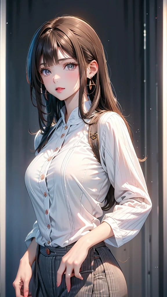 masterpiece, Highest quality, Pixiv, Cool girl, there are a lot of earrings, Earrings, Dark brown hair, Curly Hair, Blunt bangs, Straight bangs, Grey Eyes, Pale skin, Gal, Improve
