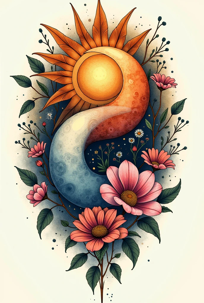 Moon and sun with flowers tattoo design
