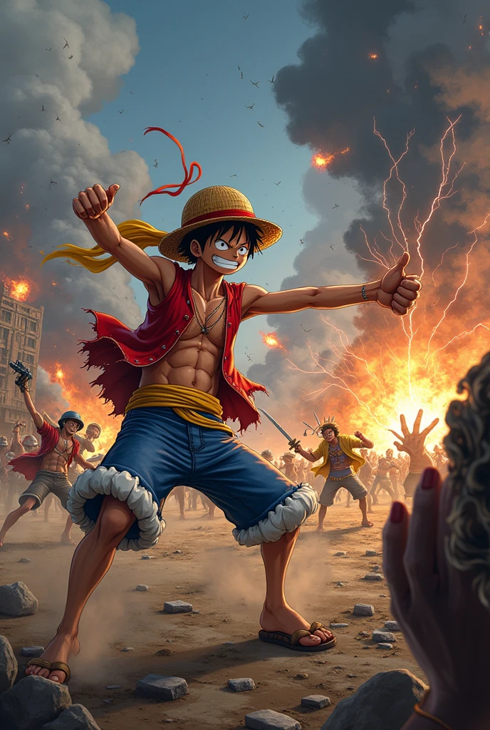 Title: "Luffy's Warzone Battle"Scene Description: The scene is a chaotic battlefield in the midst of an all-out war. The environment is filled with the sounds of explosions, clashing swords, and battle cries. Smoke and fire rise from the ground, adding a dramatic and intense atmosphere. The sky is darkened by thick clouds of smoke, and debris is scattered everywhere.Foreground:Monkey D. Luffy is the focal point, captured in mid-action. He is performing his Gomu Gomu no Pistol attack, with his rubber arm stretched out to an incredible length, delivering a powerful punch to an enemy. His expression is fierce, with gritted teeth and focused eyes. Luffy's iconic straw hat is secured on his head, slightly tilted back due to the force of his attack. His red vest is torn and tattered, revealing his muscular build, and his blue shorts are dirty from the battle.Midground:Various enemies are depicted in dynamic poses. Some are reeling from Luffy's attack, while others are charging towards him with weapons drawn. These enemies vary in appearance, including both human and monstrous foes, showcasing the diversity of the battlefield.Zoro can be seen nearby, engaged in a fierce sword fight with multiple opponents. His three swords are in action, and his bandana is tied around his head, indicating his serious combat mode.Nami is wielding her Clima-Tact, summoning a powerful weather-based attack. Lightning crackles around her as she faces off against several enemies.Background:The distant background shows other members of the Straw Hat crew in their own intense battles. Sanji is using his powerful kicks, Usopp is firing his slingshot, Robin is using her Hana Hana no Mi powers, Franky is unleashing his weapons, and Brook is fighting with his sword.The battlefield itself is a war-torn environment with remnants of destroyed buildings, broken weapons, and fallen enemies. Fire and smoke add to the chaotic ambiance, with bursts of light from explosions illuminating the darkened sky.Atmosp