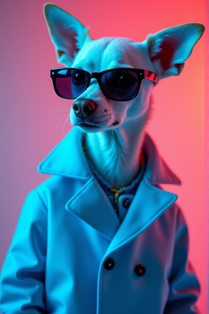 The best cell phone wallpaper, Award-Winning Wallpaper, portrait photography, In the front view is a portrait of a cute dog wearing mid-1960s space age fashion, Side view photo, Shot with Canon EOS R5, Set a strong contrast that accentuates the subject, Fluorescent blue tone, Wearing a very modern coat and sunglasses is a modern 1960s style, Clothes all in one color, beautiful background